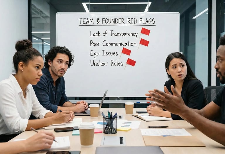 Startup team meeting discussing founder red flags