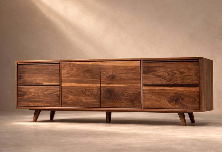 Handmade custom artisan MCM walnut media console.