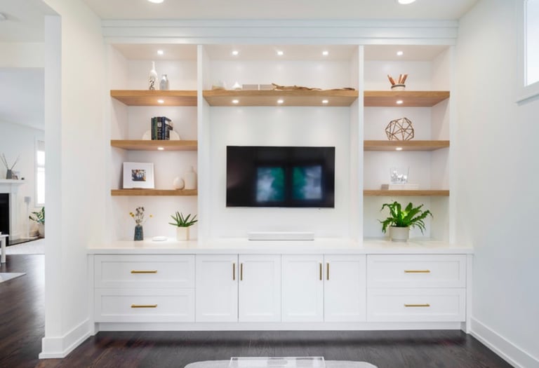 Custom finished wall unit with installed lighting detail