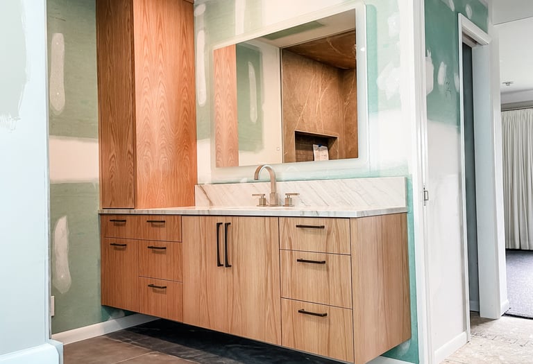 Handcrafted custom-made floating oak bathroom vanity