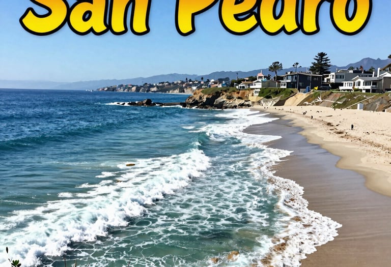 Sunny Malibu beach landscape with blue ocean waves, sandy shoreline, and palm trees under a clear sky.