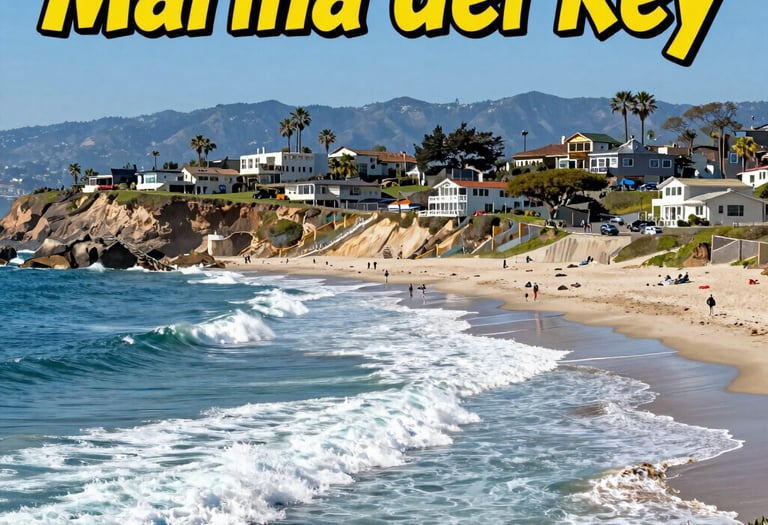 Sunny Malibu beach landscape with blue ocean waves, sandy shoreline, and palm trees under a clear sky.