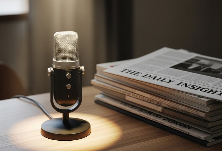 A professional microphone next to a stack of papers