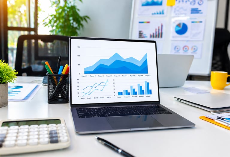 Office desk with a laptop displaying blue graphs