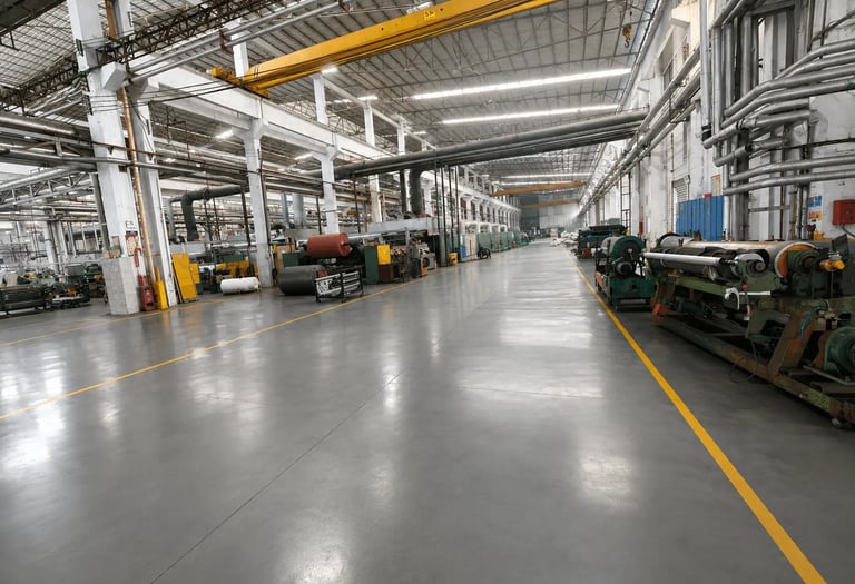 Industrial factory interior with heavy machinery and overhead crane for manufacturing logistics.