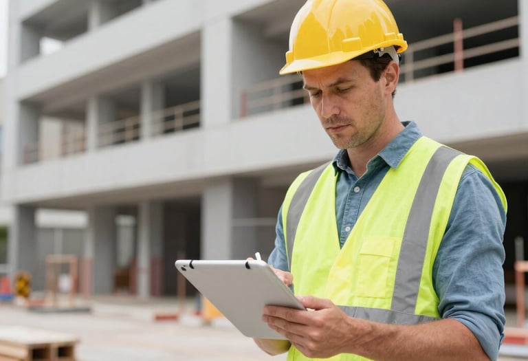 A consultant examining a building site with detailed blueprints in hand, sunlight casting warm tones.
