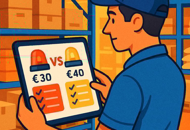 Ilustración en Proveedores, mozo de almacén usando el comparador Dighoreca, para servicio de alarmas