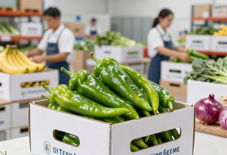 A spacious warehouse stacked with neatly packed crates of fresh agricultural produce ready for distribution.