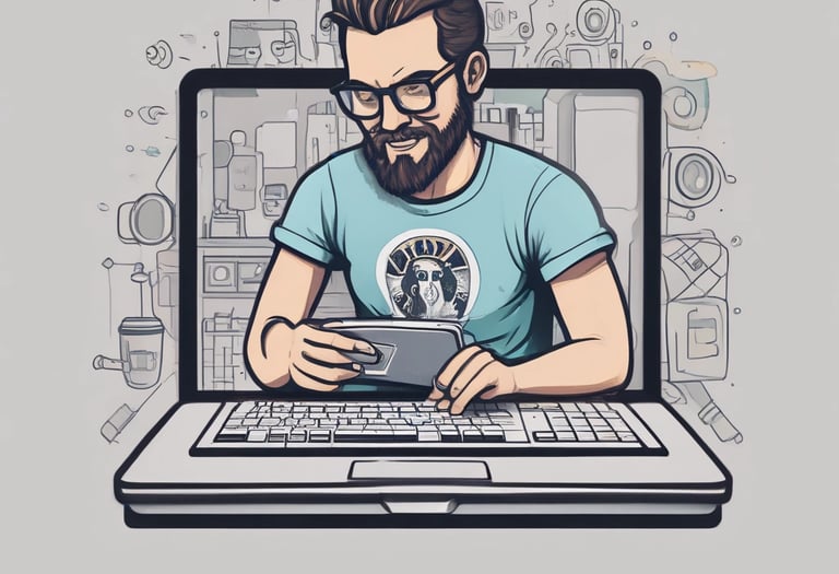 A designer sketching colorful t-shirt and box packaging ideas on a wooden desk.