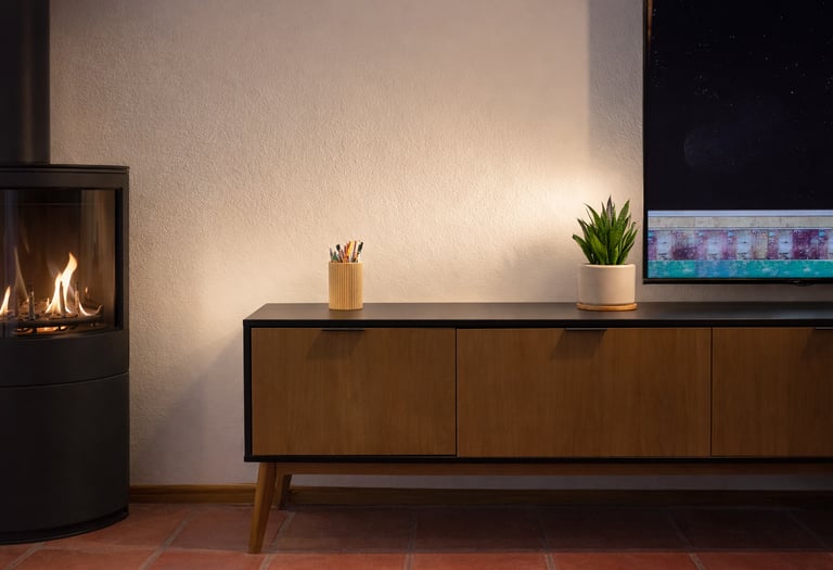 Modern wooden sideboard next to a burning fireplace with a potted snake plant and decor.
