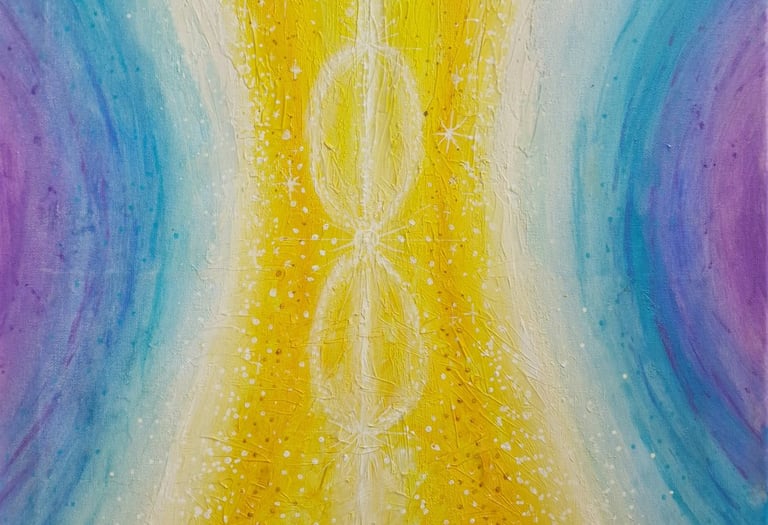 Abstract spiritual painting with golden yellow light, sparkling stars, and blue energy waves.