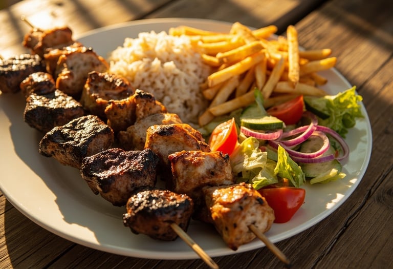 a plate of food with a salad and fries