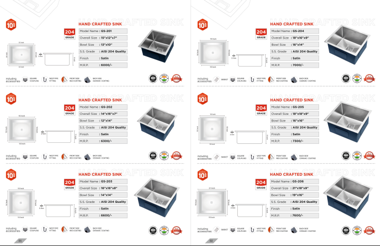 Product catalog showing technical specifications for various hand-crafted 204 grade satin finish kitchen sinks.