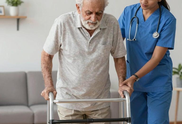 A gentle caregiver assisting an elderly patient with post-operative wound care in a calm, softly lit room.