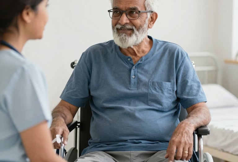 A gentle caregiver assisting an elderly patient with post-operative wound care in a calm, softly lit room.