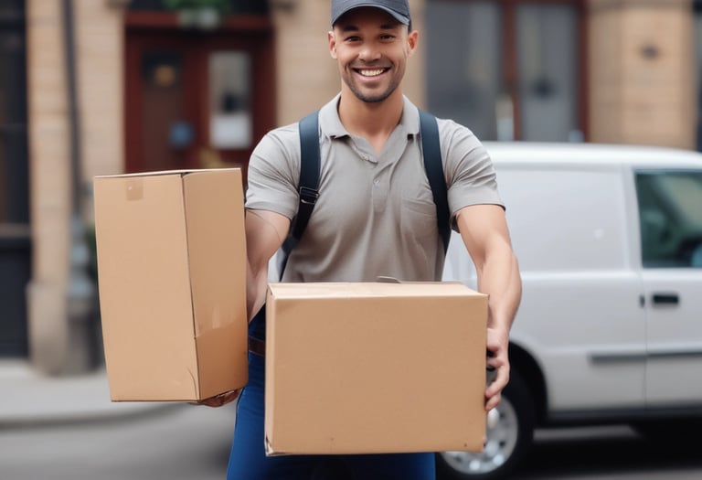 A friendly Travon Logistics driver handing a package to a smiling customer outside a modern home.
