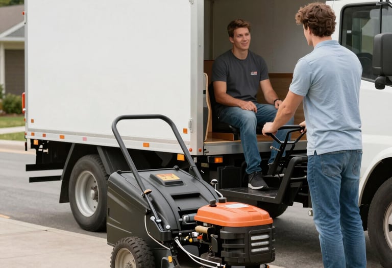 A friendly technician unloading a lawn mower from a truck in a sunny suburban yard.