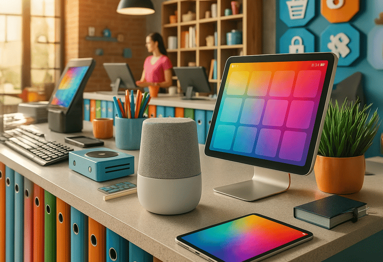Smart speaker and colorful tablet POS setup in modern store. Affordable tech for small businesses.