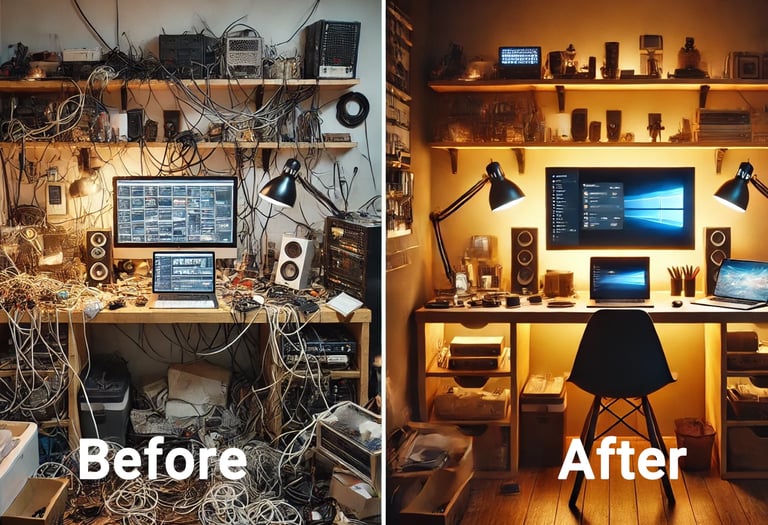 Before and after cable management at computer desk. PC cleanup and tidy tech help in Cedar Rapids.