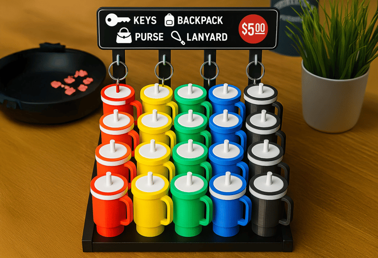 Mini 3D printed tumblers as keychains on retail display. Custom merch idea for local businesses.