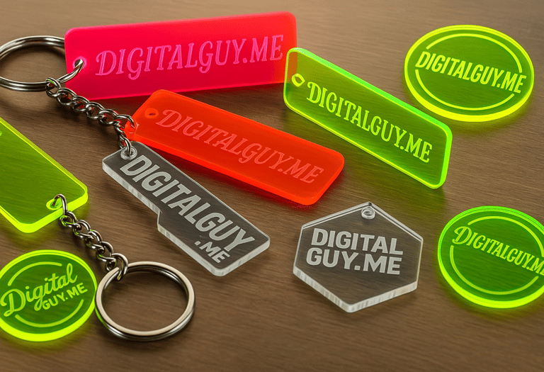 Acrylic keychains with DigitalGuy.me logo. Laser engraved promo items for local tech branding.