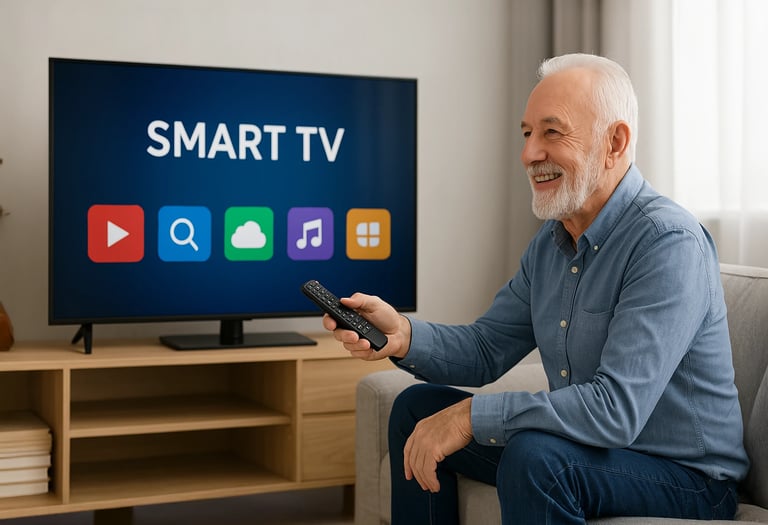 Older man using smart TV with remote, smiling in living room. Tech help for Cedar Rapids seniors.