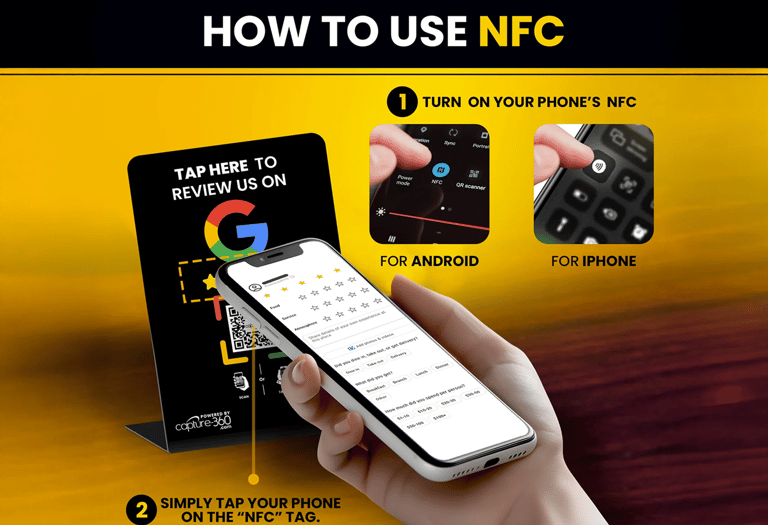 Black NFC menu stand on colorful restaurant table. Fast food digital ordering with QR and tap.