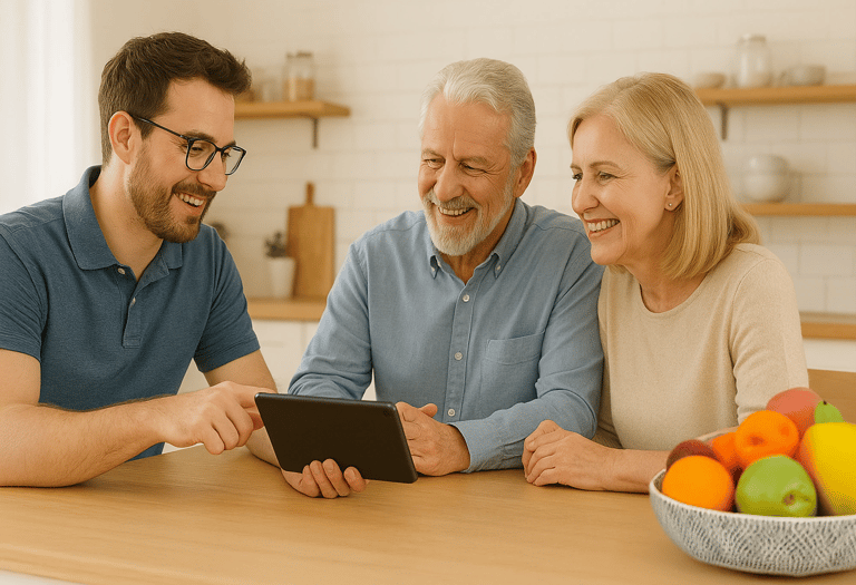 Family learning tablet together in kitchen. Friendly, no-jargon tech help in Cedar Rapids homes.