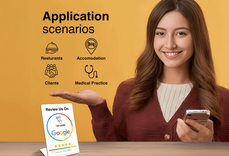 Smiling woman presenting NFC Google review sign. Social proof display for small businesses.