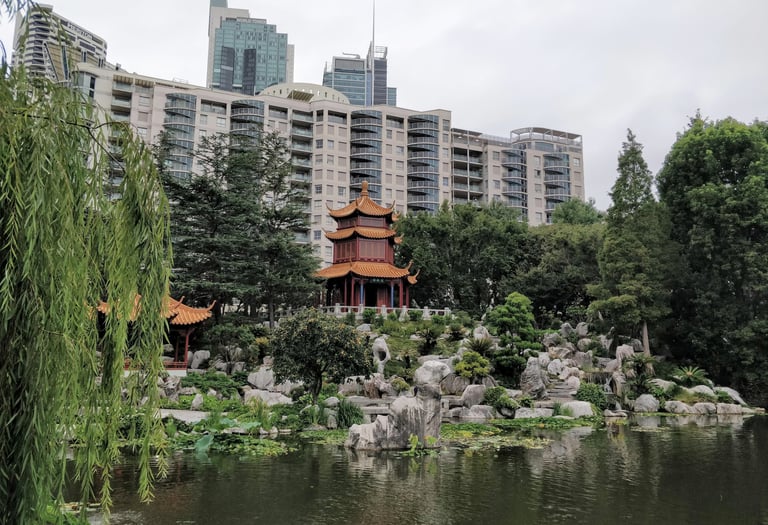 A photograph of the Chinese Garden of Friendship in Sydney, Australia