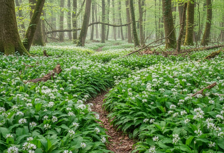A narrow dirt path winding through a lush green forest floor covered in white wild garlic flowers.