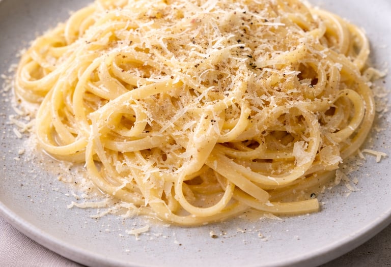 A plate of creamy Cacio e Pepe pasta topped with grated Pecorino Romano cheese and black pepper.