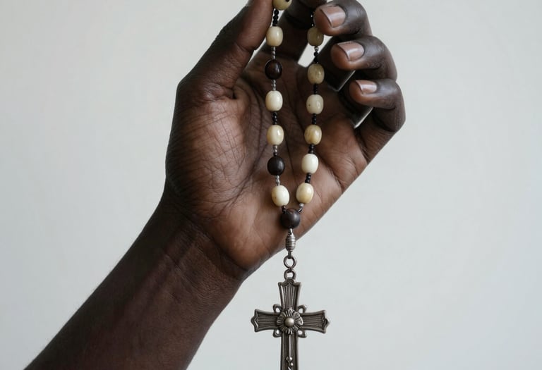Hands holding a rosary gently over a modern minimalist wooden table.