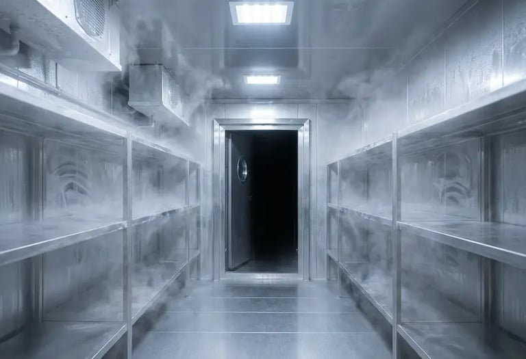 walk-in freezer with stainless steel shelving and cold storage