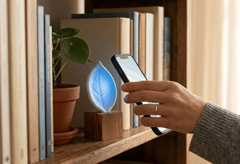 Uma pessoa usando um smartphone para controlar uma lâmpada LED de cerâmica em formato de folha, fixa