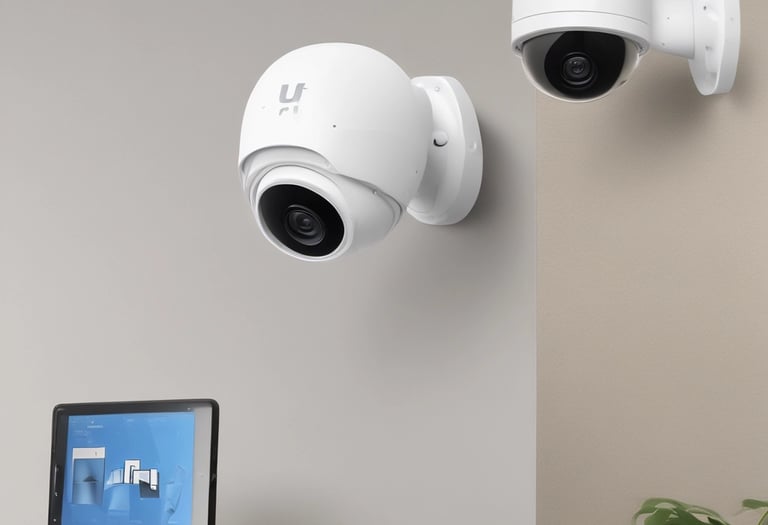 Close-up of a security camera mounted on a building exterior at dusk.