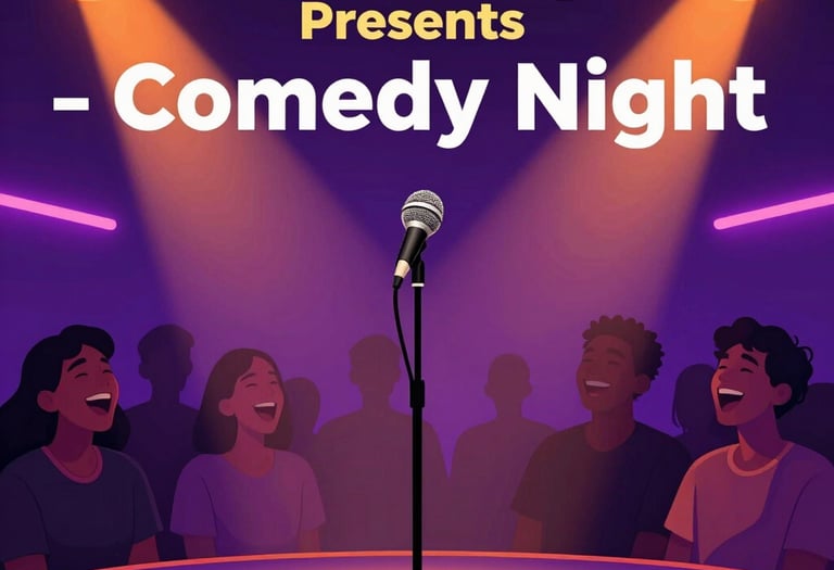 A lively comedian on stage under warm spotlights, engaging an amused audience.