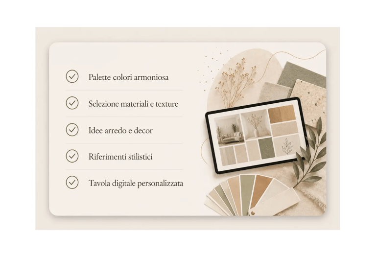 Tavola d'ispirazione con palette colori e selezione di materiali per un progetto d'interni