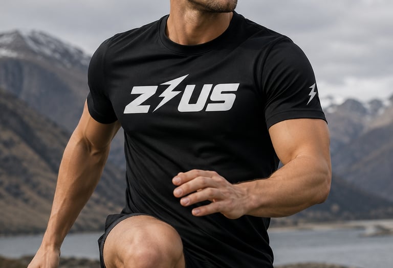 Male athlete training outdoors in black Zeus performance tee for activewear NZ and outdoor workouts.