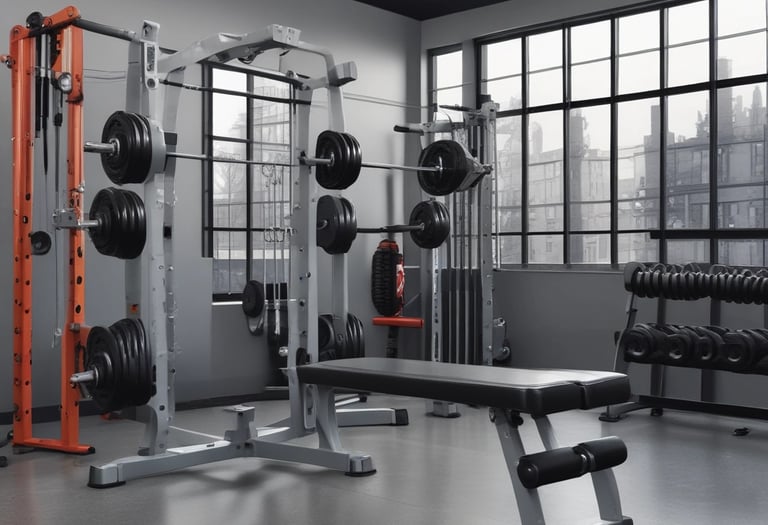 Functional training area with kettlebells, ropes, and mats arranged neatly.