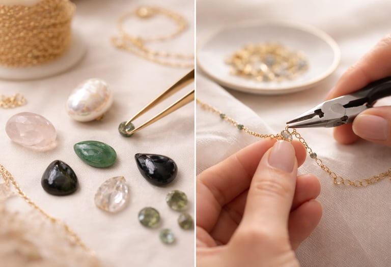 “Proceso de joyería artesanal con piedras preciosas y cadenas de oro.