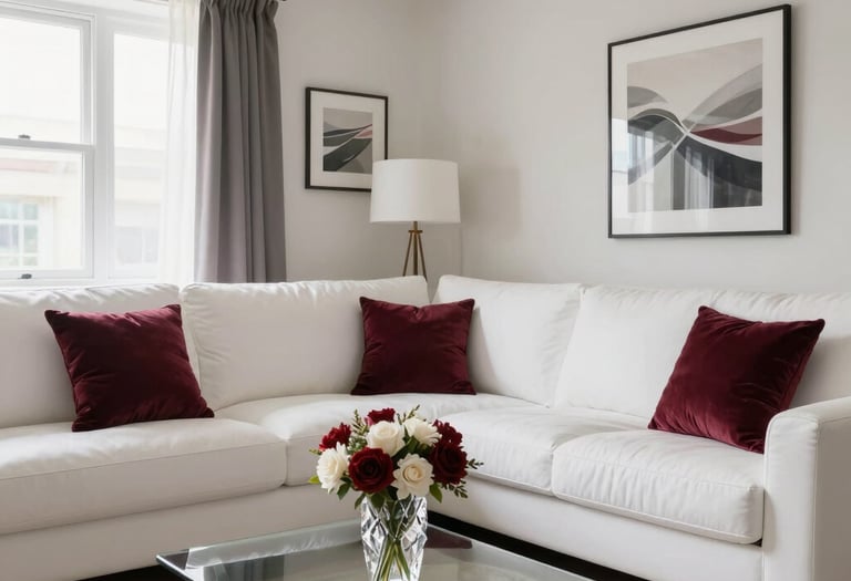 A tidy, sunlit living room with fresh cushions and polished surfaces.