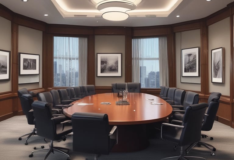 A warm office environment showing a team collaborating around a table with service catalogs and laptops.
