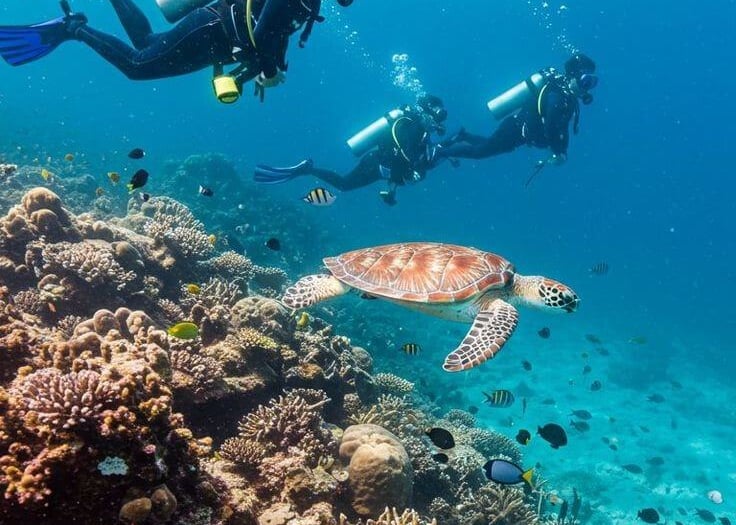 Scuba divers swimming near a sea turtle over a vibrant tropical coral reef in clear blue water.