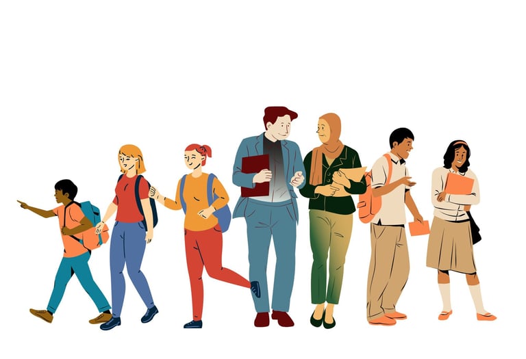 a group of students walking and chatting
