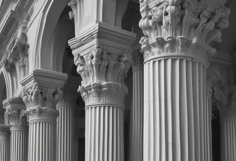 Ornate fluted Corinthian columns with detailed stone carvings on a classic Greek architectural portico.
