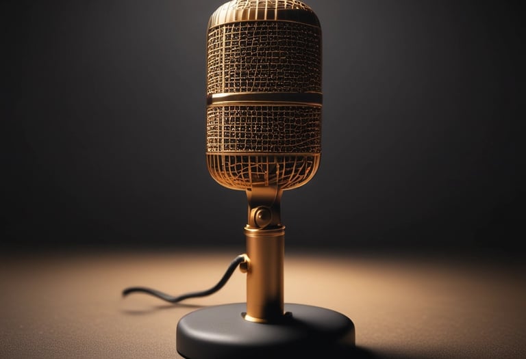 A minimalist studio microphone bathed in soft sand light, reflecting calm focus.