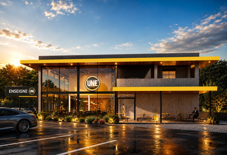 Modern UNE restaurant building with glass facade and yellow accents at sunset.