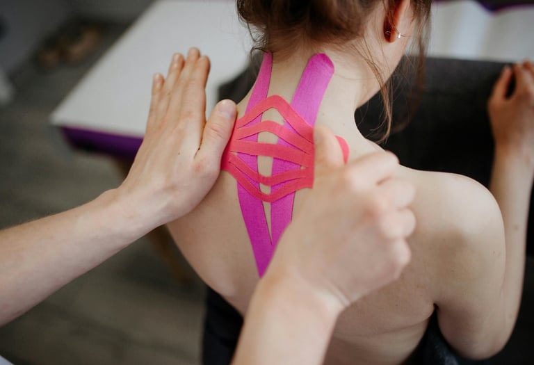 “Physiotherapist applying kinesiology tape to upper back.”