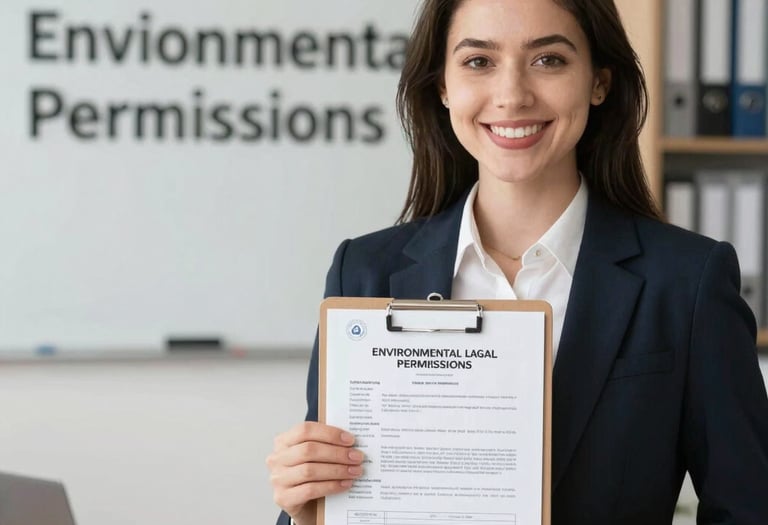 A professional consultant reviewing environmental clearance documents in a modern office.